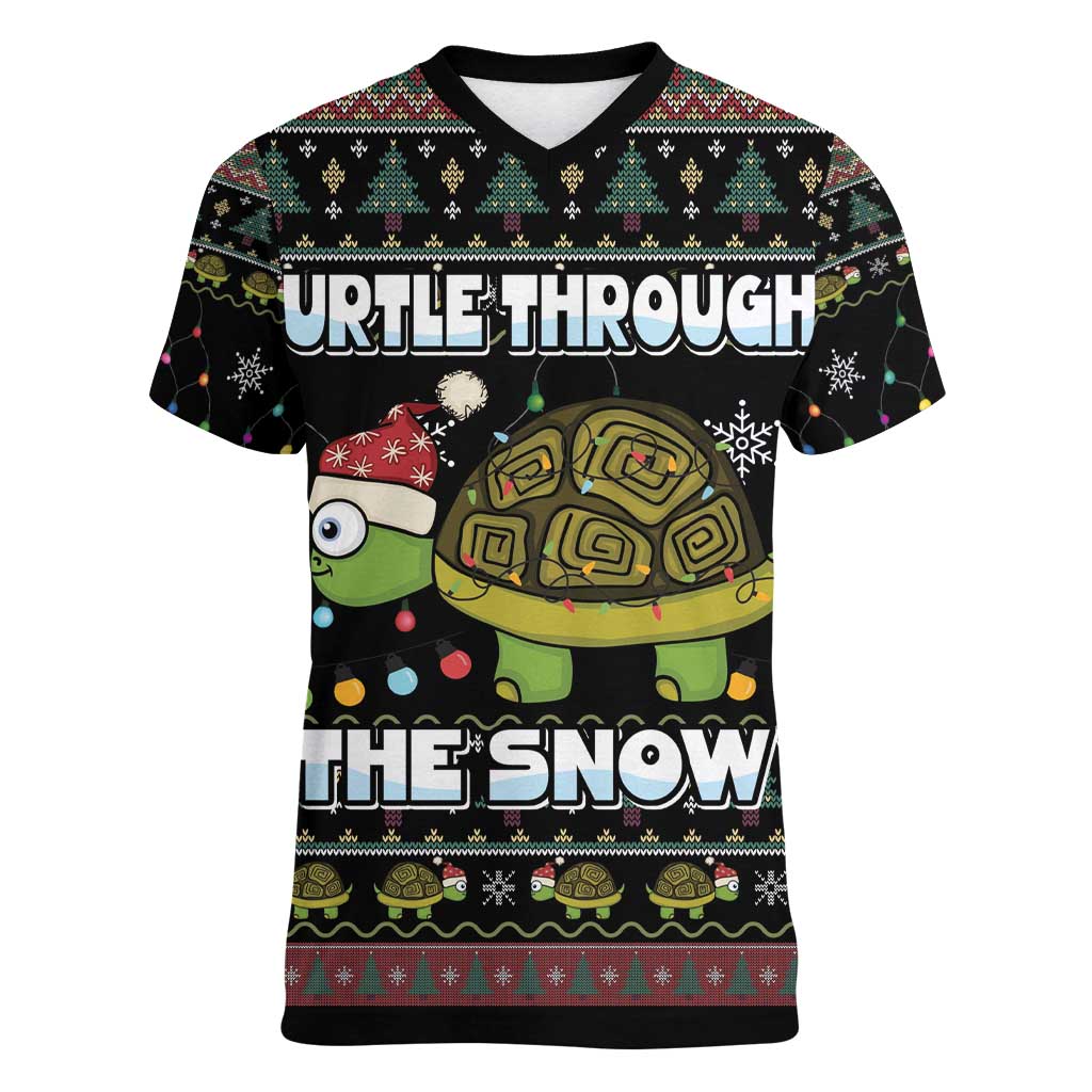 Turtle Through The Snow Christmas Women V-Neck T-Shirt - Wonder Print Shop