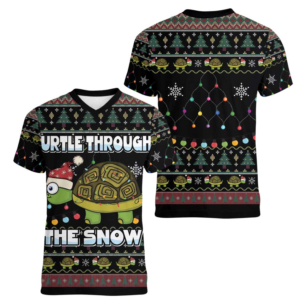 Turtle Through The Snow Christmas Women V-Neck T-Shirt - Wonder Print Shop