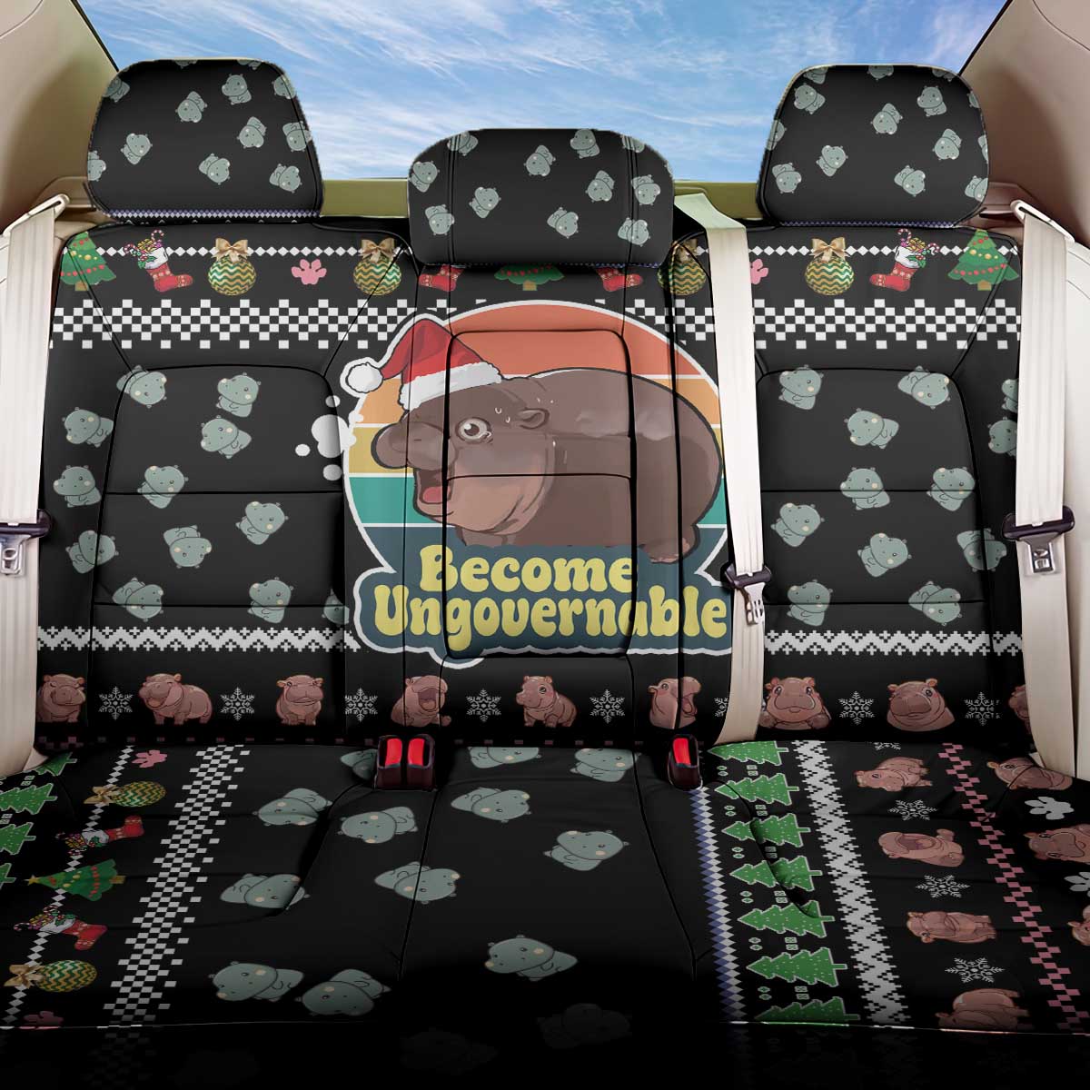Christmas Become Ungovernable Moo Deng Back Car Seat Cover Humor Cute Baby Hippo Joke - Wonder Print Shop
