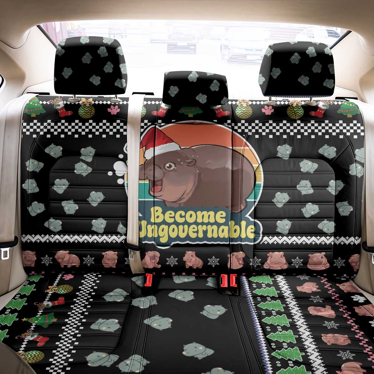 Christmas Become Ungovernable Moo Deng Back Car Seat Cover Humor Cute Baby Hippo Joke - Wonder Print Shop