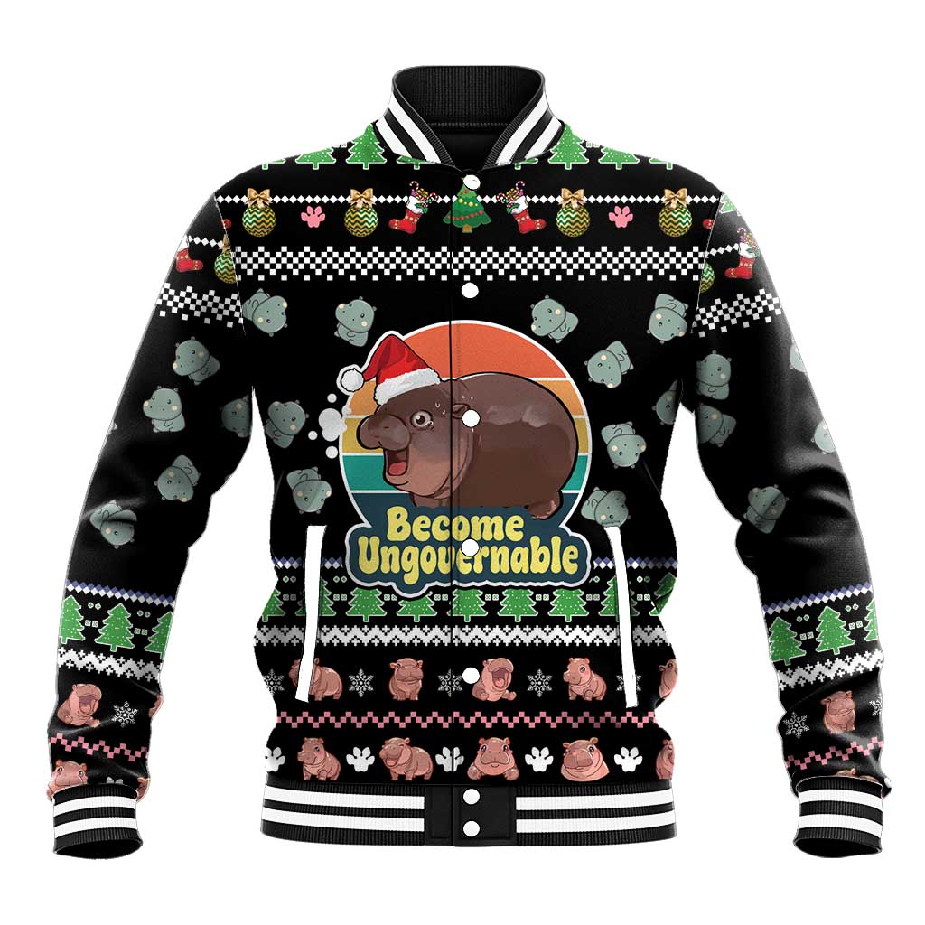 Christmas Become Ungovernable Moo Deng Baseball Jacket Humor Cute Baby Hippo Joke - Wonder Print Shop