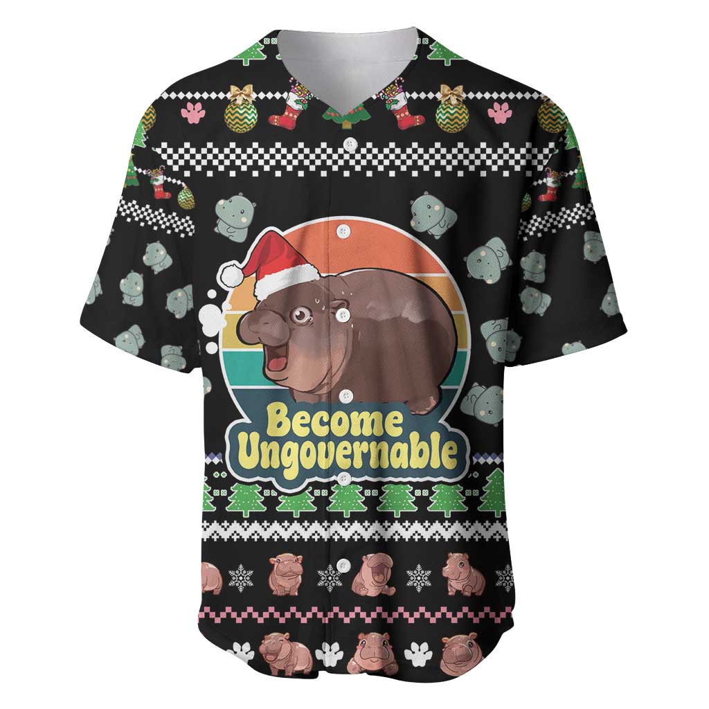 Christmas Become Ungovernable Moo Deng Baseball Jersey Humor Cute Baby Hippo Joke - Wonder Print Shop