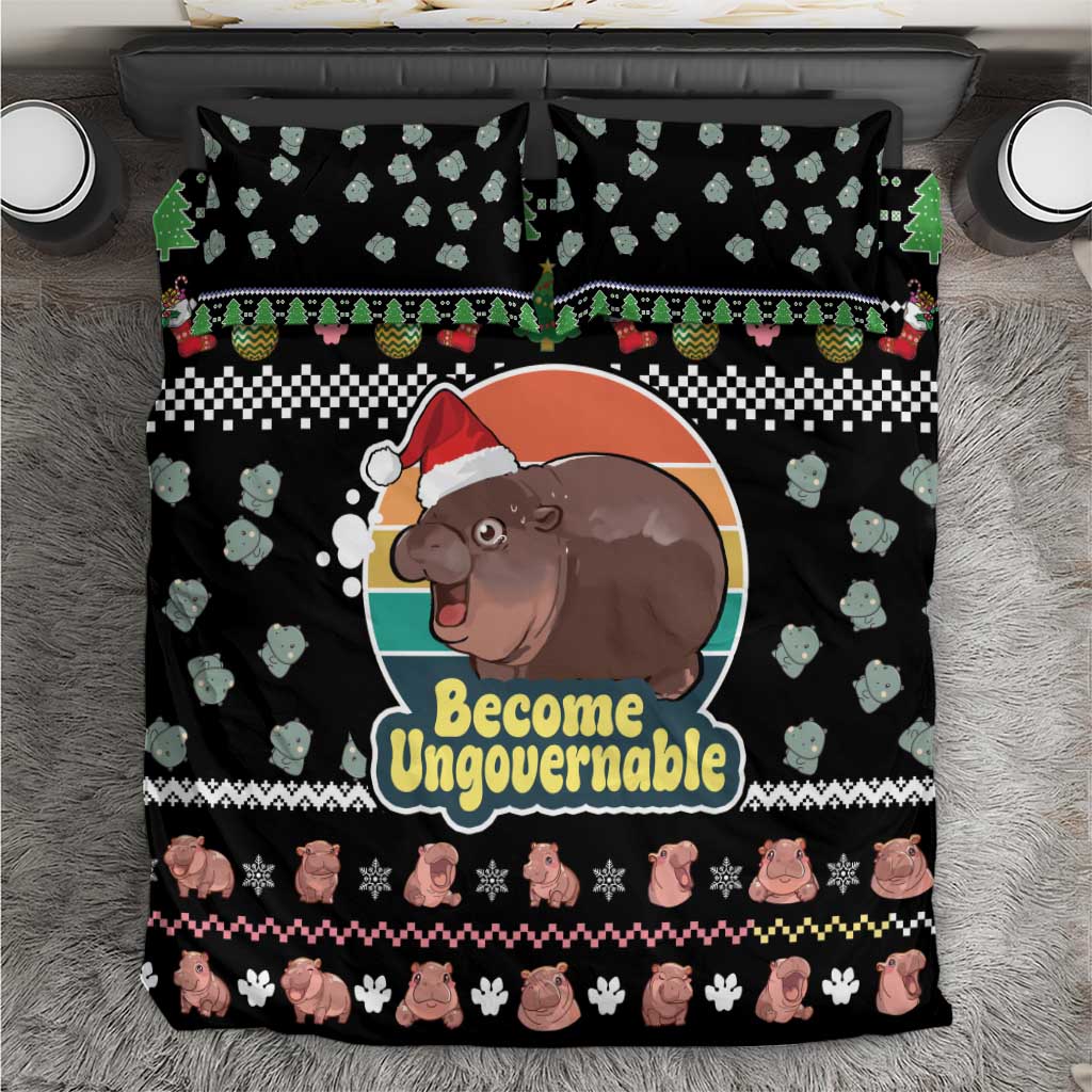 Christmas Become Ungovernable Moo Deng Bedding Set Humor Cute Baby Hippo Joke - Wonder Print Shop
