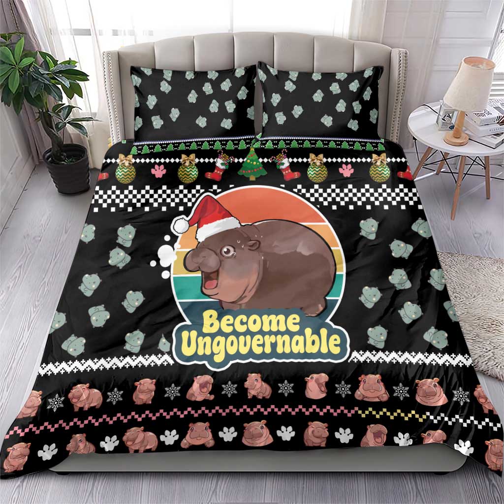 Christmas Become Ungovernable Moo Deng Bedding Set Humor Cute Baby Hippo Joke - Wonder Print Shop