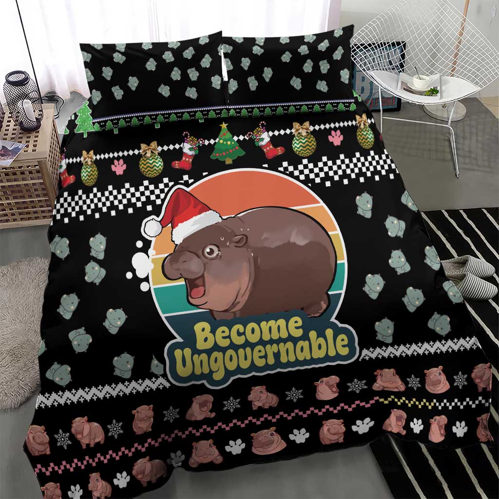 Christmas Become Ungovernable Moo Deng Bedding Set Humor Cute Baby Hippo Joke - Wonder Print Shop