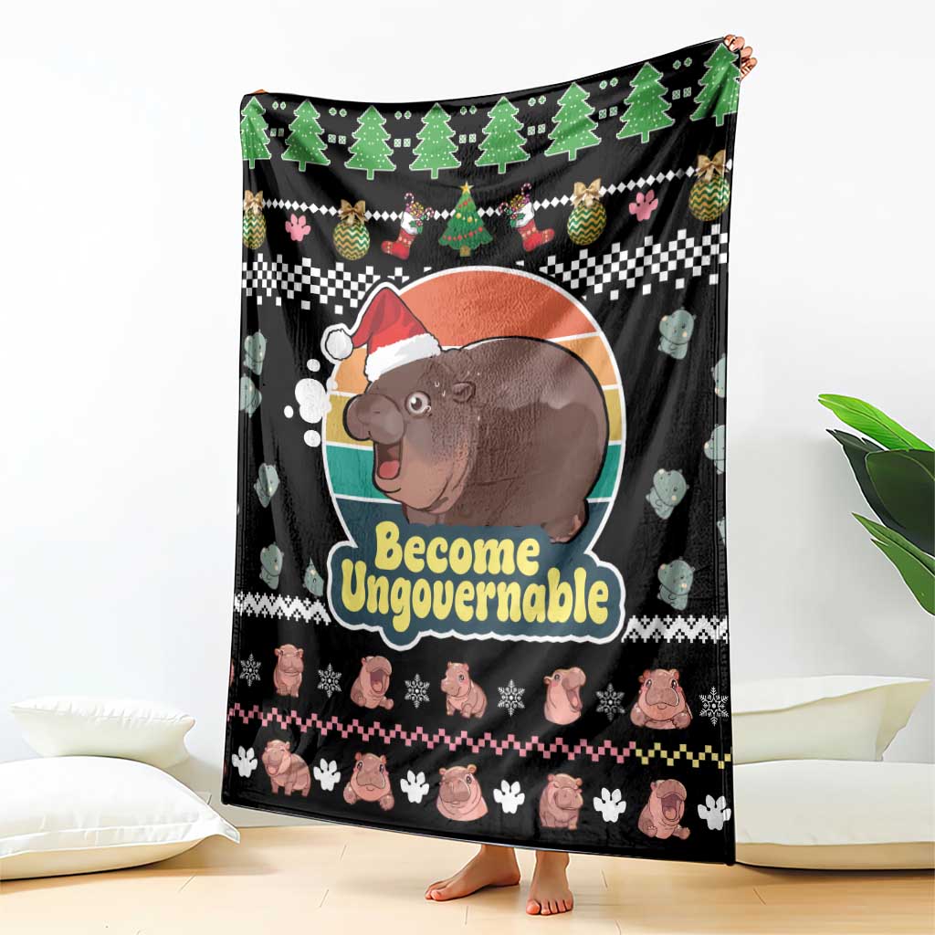 Christmas Become Ungovernable Moo Deng Blanket Humor Cute Baby Hippo Joke