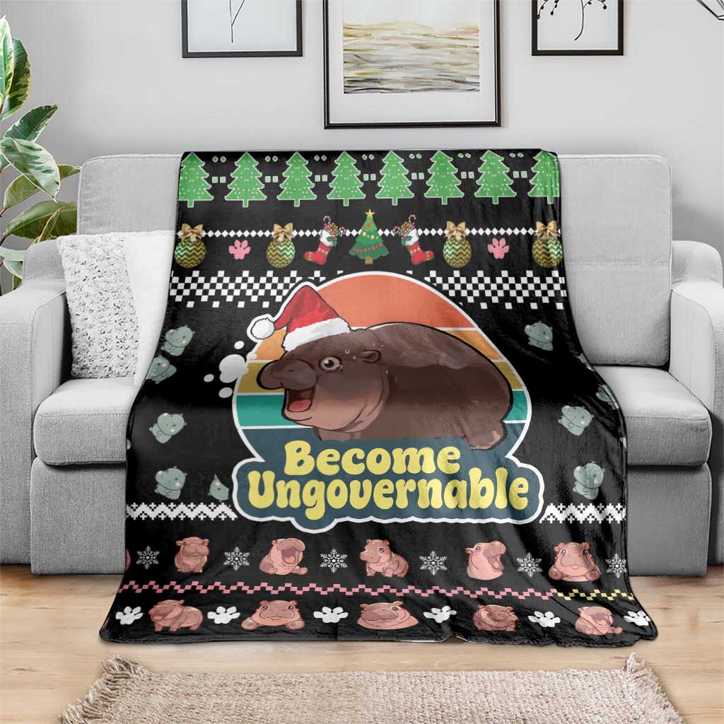 Christmas Become Ungovernable Moo Deng Blanket Humor Cute Baby Hippo Joke