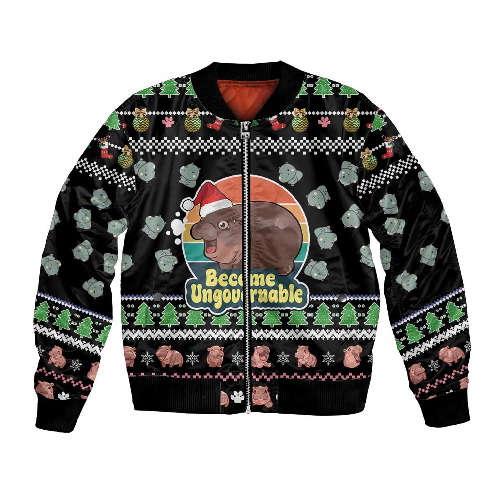 Christmas Become Ungovernable Moo Deng Bomber Jacket Humor Cute Baby Hippo Joke - Wonder Print Shop