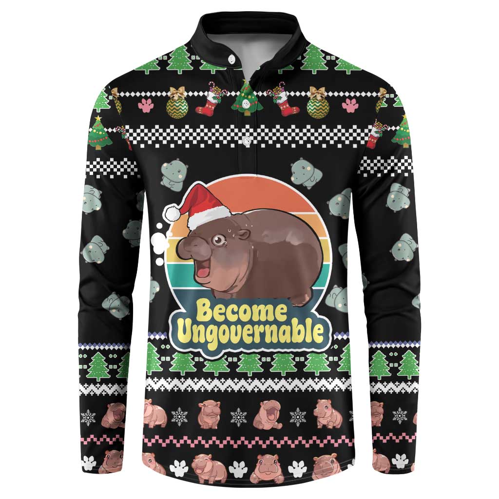 Christmas Become Ungovernable Moo Deng Button Sweatshirt Humor Cute Baby Hippo Joke - Wonder Print Shop