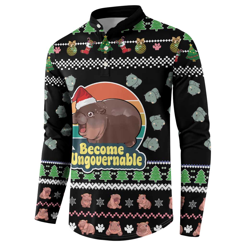Christmas Become Ungovernable Moo Deng Button Sweatshirt Humor Cute Baby Hippo Joke - Wonder Print Shop