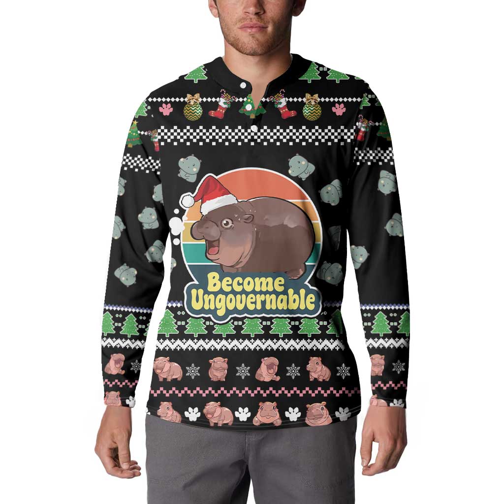 Christmas Become Ungovernable Moo Deng Button Sweatshirt Humor Cute Baby Hippo Joke - Wonder Print Shop