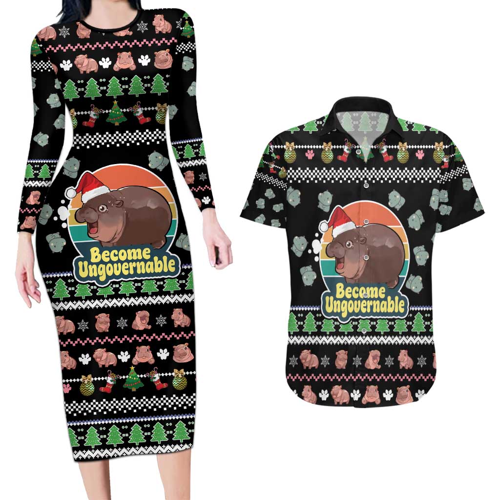 Christmas Become Ungovernable Moo Deng Couples Matching Long Sleeve Bodycon Dress and Hawaiian Shirt Humor Cute Baby Hippo Joke - Wonder Print Shop