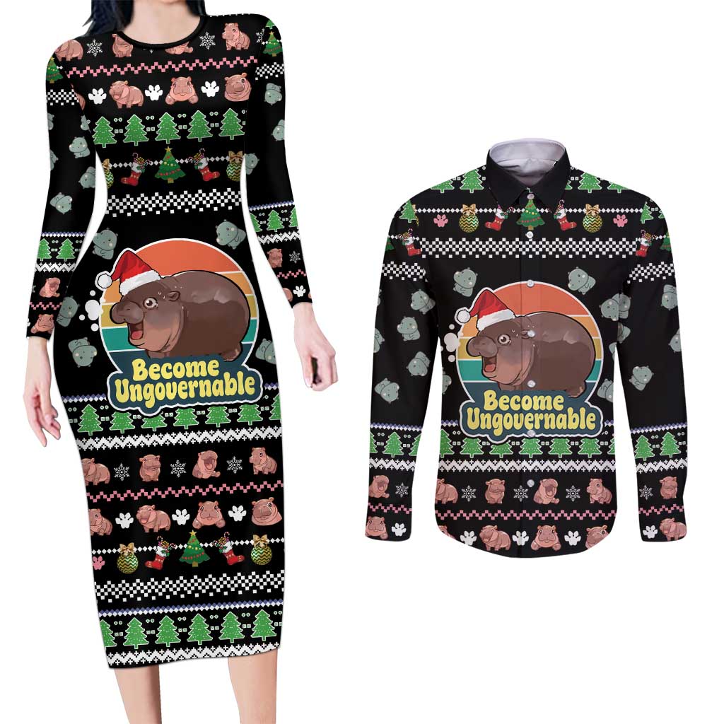 Christmas Become Ungovernable Moo Deng Couples Matching Long Sleeve Bodycon Dress and Long Sleeve Button Shirt Humor Cute Baby Hippo Joke - Wonder Print Shop
