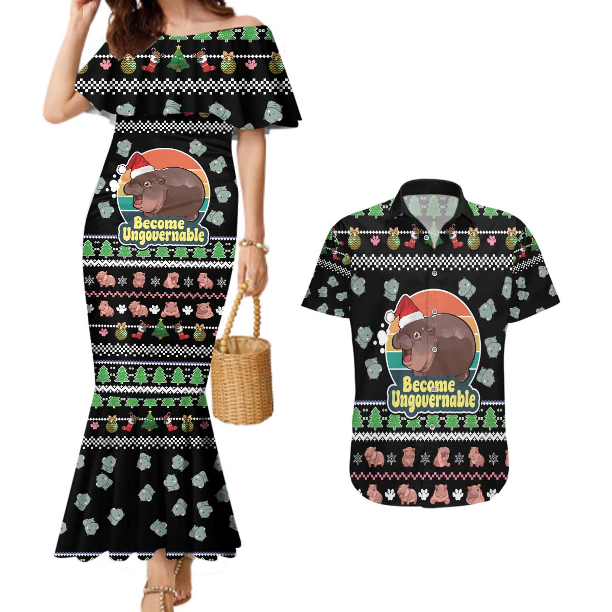 Christmas Become Ungovernable Moo Deng Couples Matching Mermaid Dress and Hawaiian Shirt Humor Cute Baby Hippo Joke - Wonder Print Shop
