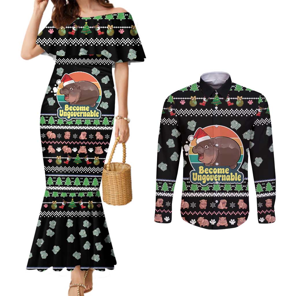 Christmas Become Ungovernable Moo Deng Couples Matching Mermaid Dress and Long Sleeve Button Shirt Humor Cute Baby Hippo Joke
