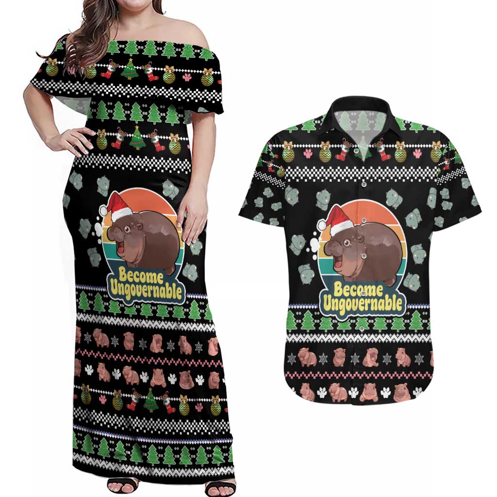 Christmas Become Ungovernable Moo Deng Couples Matching Off Shoulder Maxi Dress and Hawaiian Shirt Humor Cute Baby Hippo Joke - Wonder Print Shop