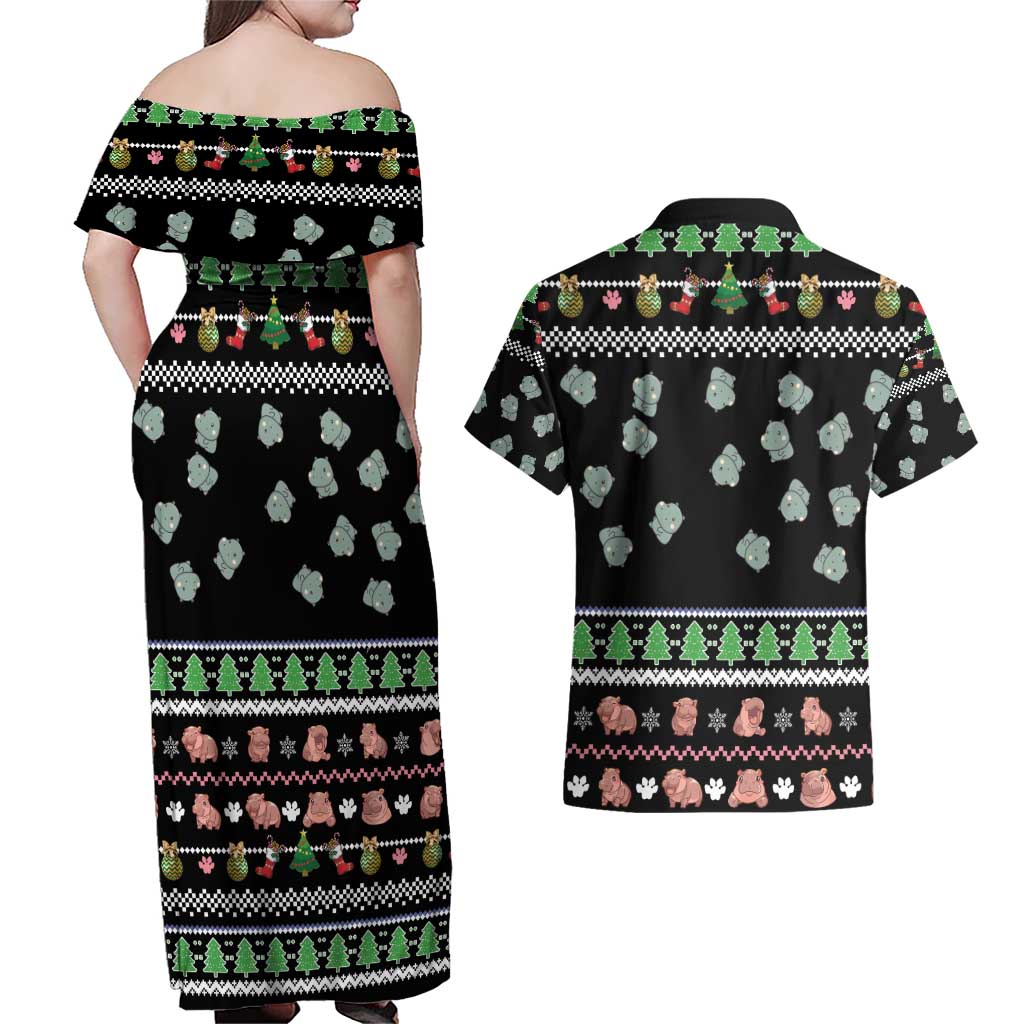 Christmas Become Ungovernable Moo Deng Couples Matching Off Shoulder Maxi Dress and Hawaiian Shirt Humor Cute Baby Hippo Joke - Wonder Print Shop