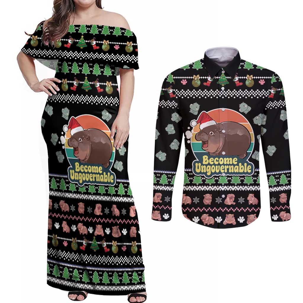 Christmas Become Ungovernable Moo Deng Couples Matching Off Shoulder Maxi Dress and Long Sleeve Button Shirt Humor Cute Baby Hippo Joke - Wonder Print Shop