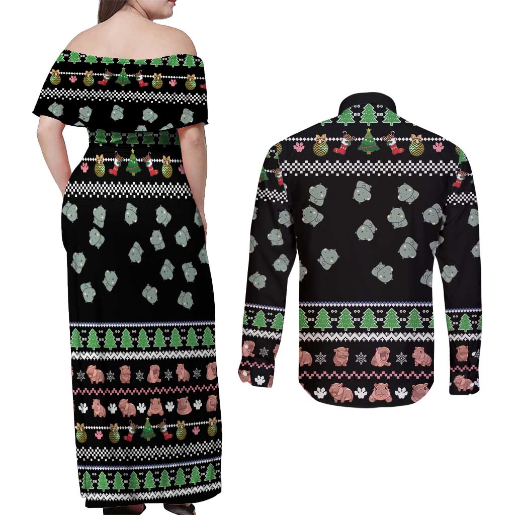 Christmas Become Ungovernable Moo Deng Couples Matching Off Shoulder Maxi Dress and Long Sleeve Button Shirt Humor Cute Baby Hippo Joke - Wonder Print Shop