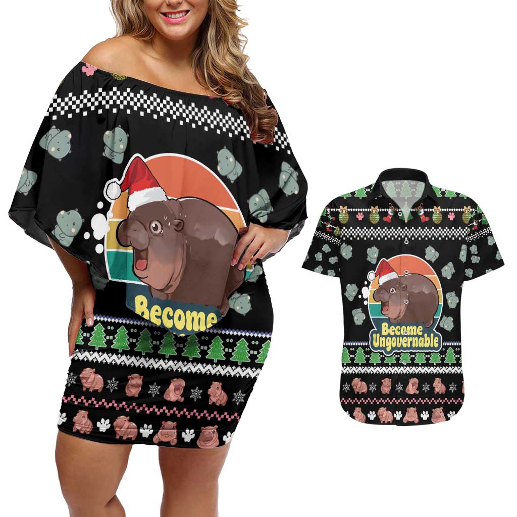 Christmas Become Ungovernable Moo Deng Couples Matching Off Shoulder Short Dress and Hawaiian Shirt Humor Cute Baby Hippo Joke - Wonder Print Shop