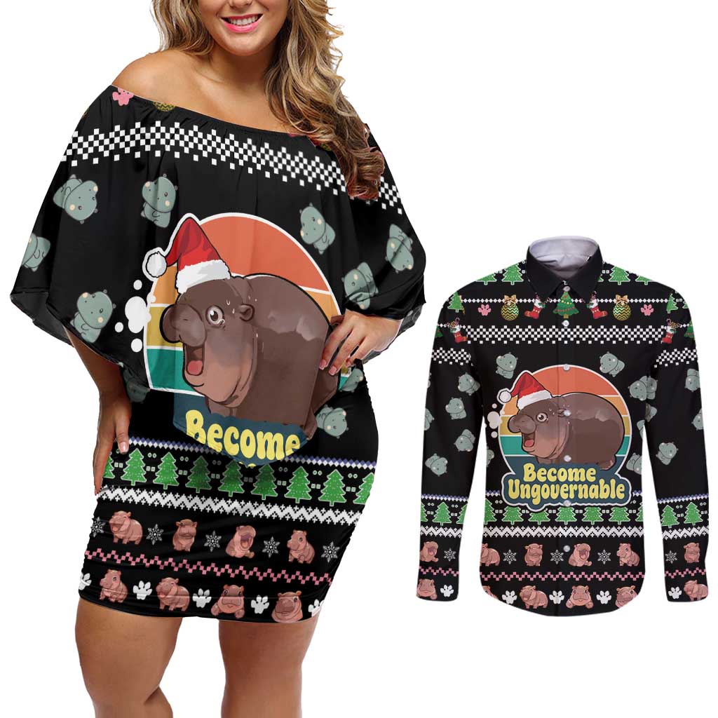 Christmas Become Ungovernable Moo Deng Couples Matching Off Shoulder Short Dress and Long Sleeve Button Shirt Humor Cute Baby Hippo Joke - Wonder Print Shop