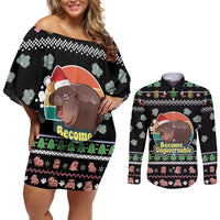 Christmas Become Ungovernable Moo Deng Couples Matching Off Shoulder Short Dress and Long Sleeve Button Shirt Humor Cute Baby Hippo Joke - Wonder Print Shop