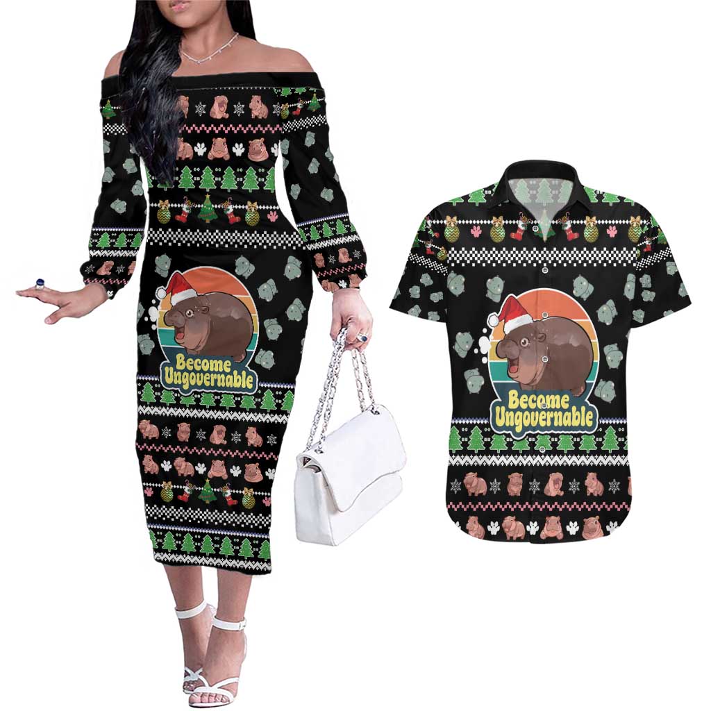 Christmas Become Ungovernable Moo Deng Couples Matching Off The Shoulder Long Sleeve Dress and Hawaiian Shirt Humor Cute Baby Hippo Joke - Wonder Print Shop