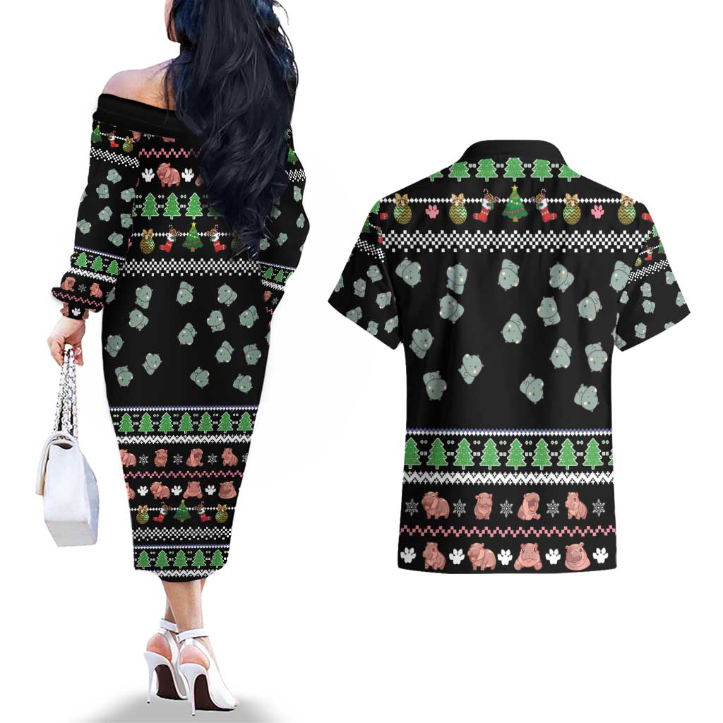 Christmas Become Ungovernable Moo Deng Couples Matching Off The Shoulder Long Sleeve Dress and Hawaiian Shirt Humor Cute Baby Hippo Joke - Wonder Print Shop