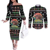 Christmas Become Ungovernable Moo Deng Couples Matching Off The Shoulder Long Sleeve Dress and Long Sleeve Button Shirt Humor Cute Baby Hippo Joke