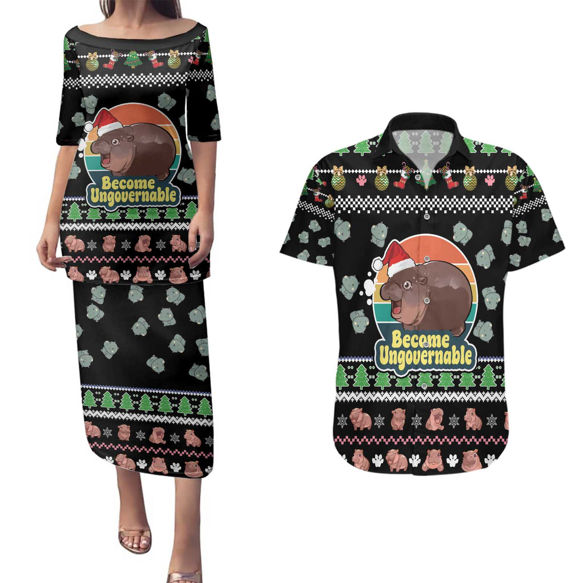 Christmas Become Ungovernable Moo Deng Couples Matching Puletasi and Hawaiian Shirt Humor Cute Baby Hippo Joke - Wonder Print Shop