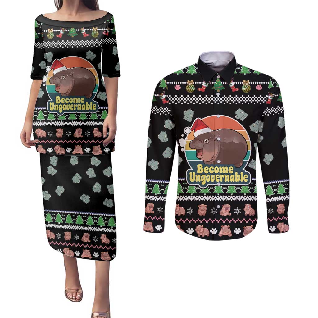 Christmas Become Ungovernable Moo Deng Couples Matching Puletasi and Long Sleeve Button Shirt Humor Cute Baby Hippo Joke - Wonder Print Shop