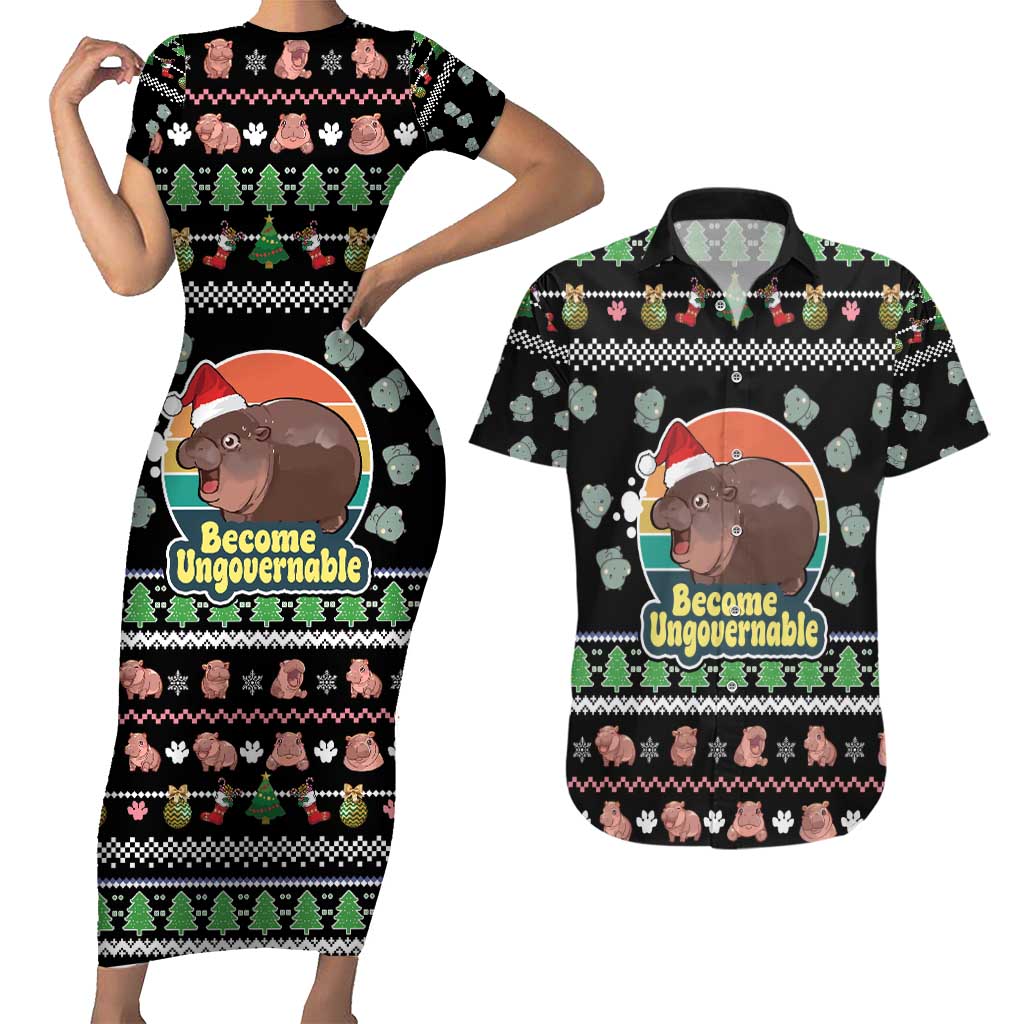 Christmas Become Ungovernable Moo Deng Couples Matching Short Sleeve Bodycon Dress and Hawaiian Shirt Humor Cute Baby Hippo Joke - Wonder Print Shop