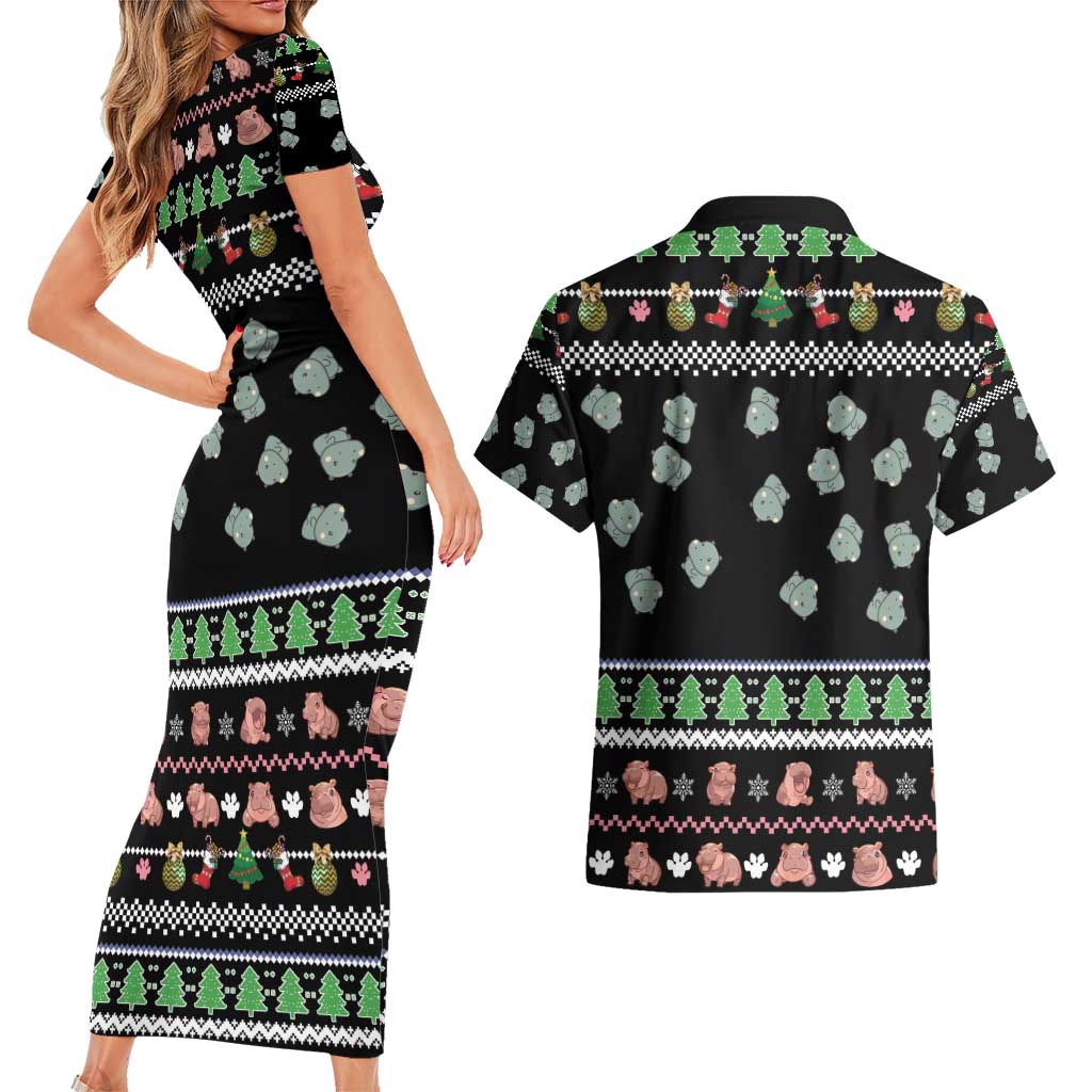 Christmas Become Ungovernable Moo Deng Couples Matching Short Sleeve Bodycon Dress and Hawaiian Shirt Humor Cute Baby Hippo Joke - Wonder Print Shop