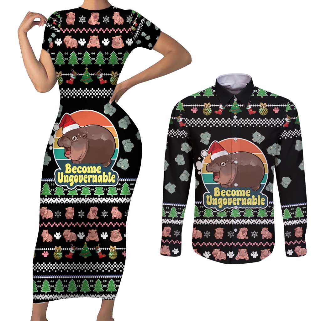 Christmas Become Ungovernable Moo Deng Couples Matching Short Sleeve Bodycon Dress and Long Sleeve Button Shirt Humor Cute Baby Hippo Joke - Wonder Print Shop