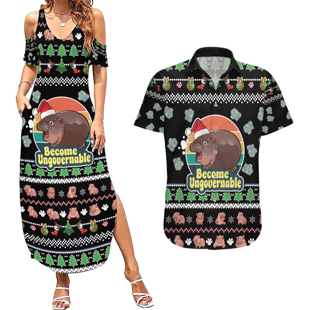 Christmas Become Ungovernable Moo Deng Couples Matching Summer Maxi Dress and Hawaiian Shirt Humor Cute Baby Hippo Joke - Wonder Print Shop