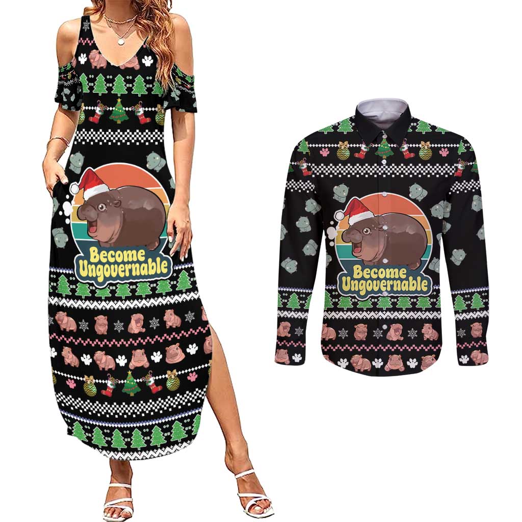 Christmas Become Ungovernable Moo Deng Couples Matching Summer Maxi Dress and Long Sleeve Button Shirt Humor Cute Baby Hippo Joke - Wonder Print Shop