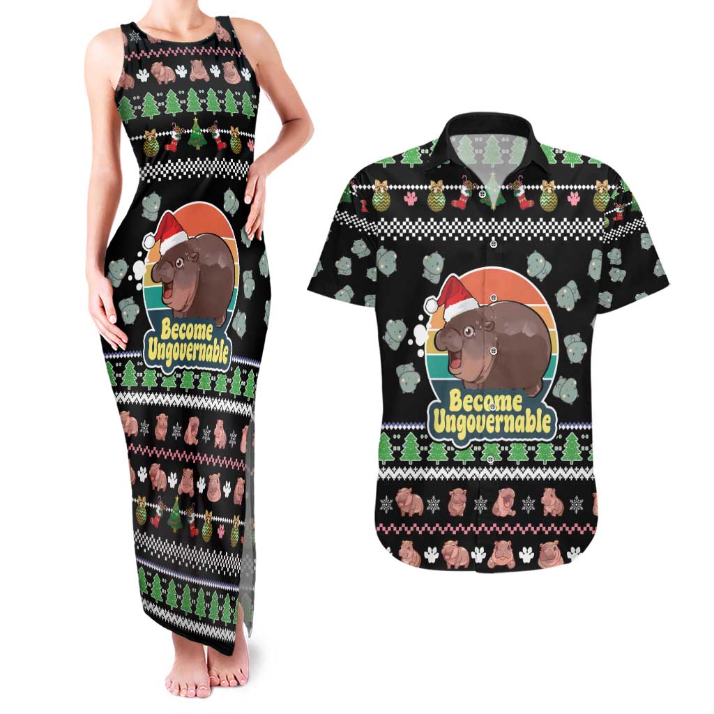 Christmas Become Ungovernable Moo Deng Couples Matching Tank Maxi Dress and Hawaiian Shirt Humor Cute Baby Hippo Joke - Wonder Print Shop