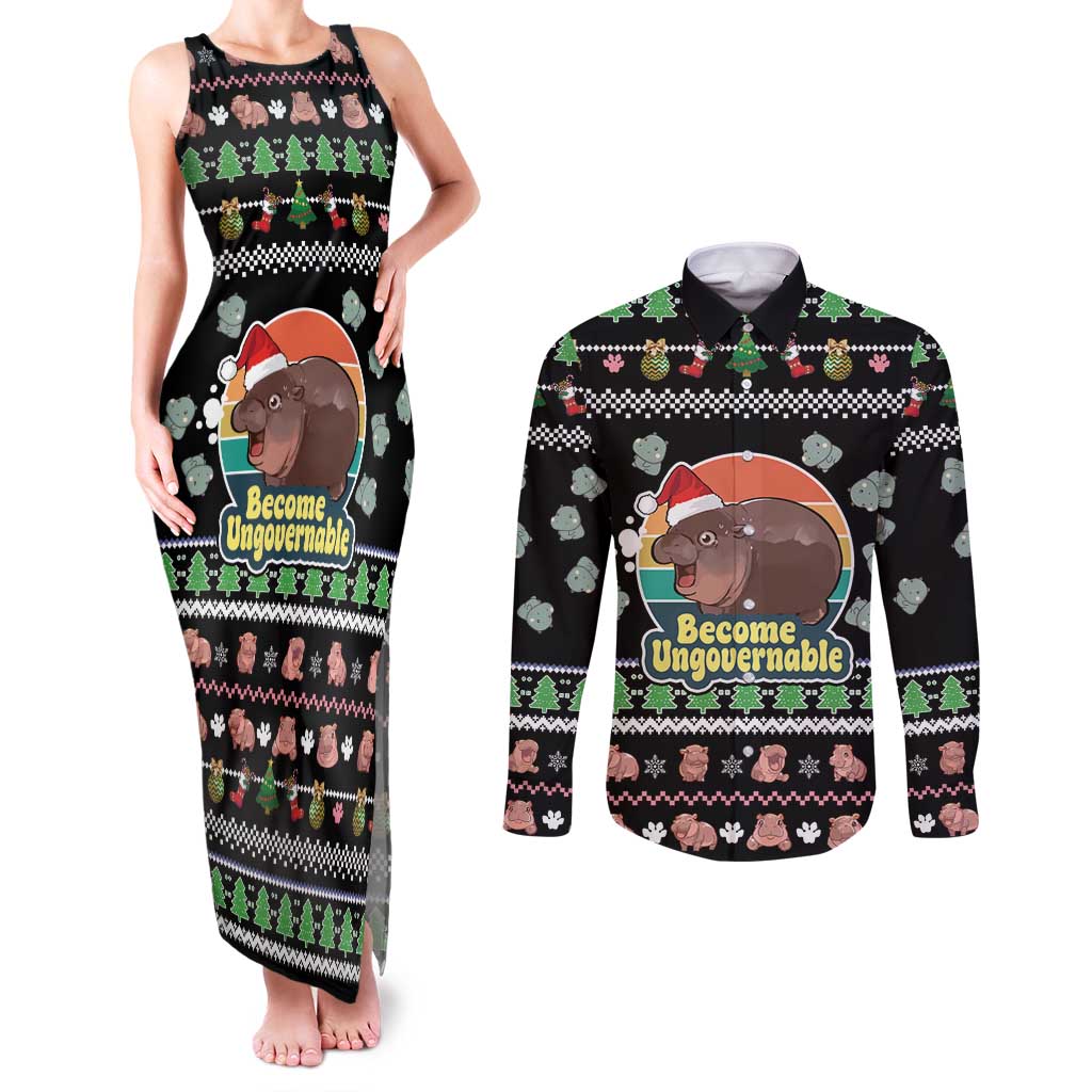 Christmas Become Ungovernable Moo Deng Couples Matching Tank Maxi Dress and Long Sleeve Button Shirt Humor Cute Baby Hippo Joke - Wonder Print Shop