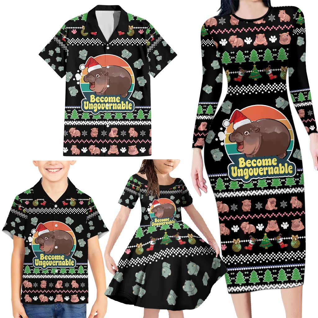 Christmas Become Ungovernable Moo Deng Family Matching Long Sleeve Bodycon Dress and Hawaiian Shirt Humor Cute Baby Hippo Joke - Wonder Print Shop