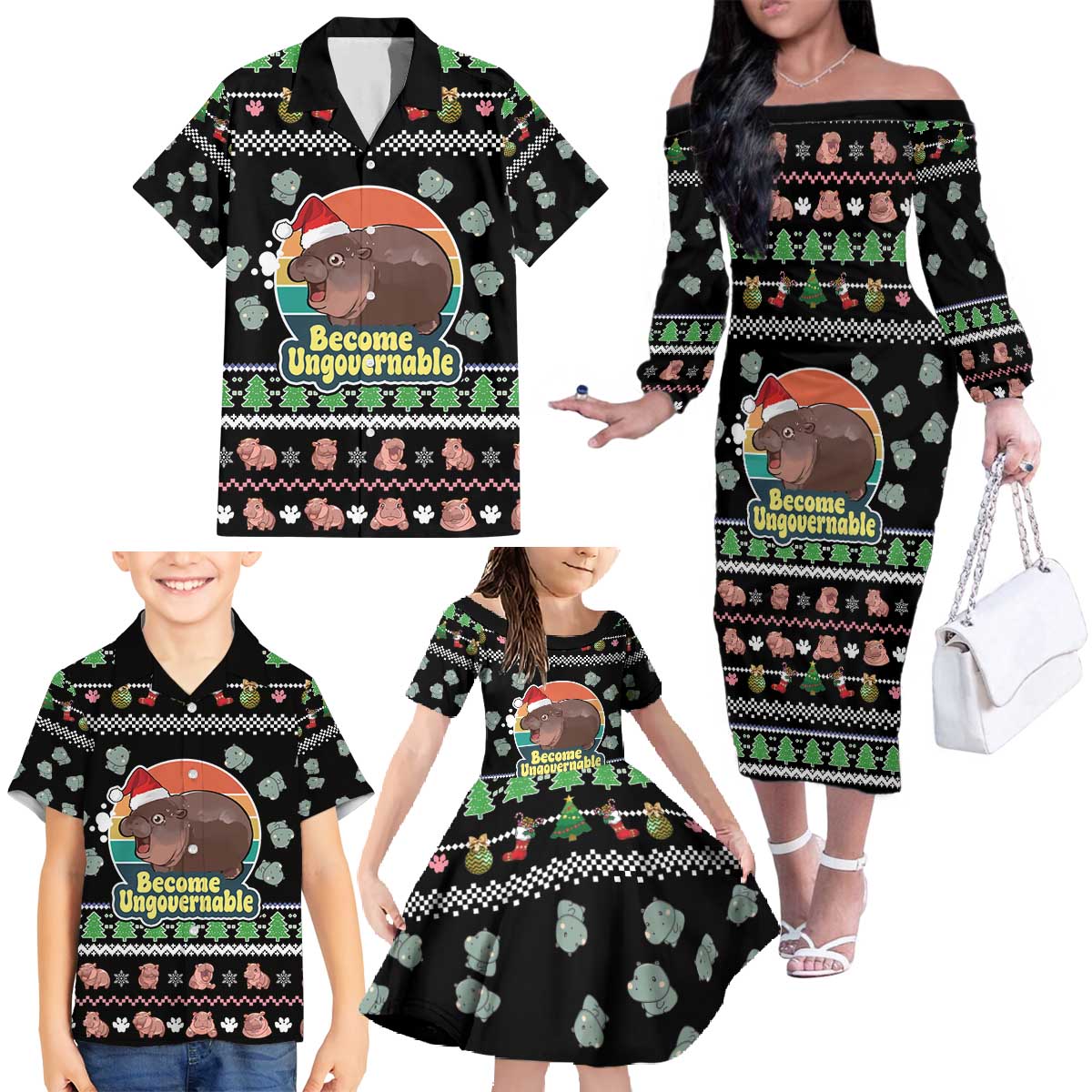 Christmas Become Ungovernable Moo Deng Family Matching Off The Shoulder Long Sleeve Dress and Hawaiian Shirt Humor Cute Baby Hippo Joke - Wonder Print Shop
