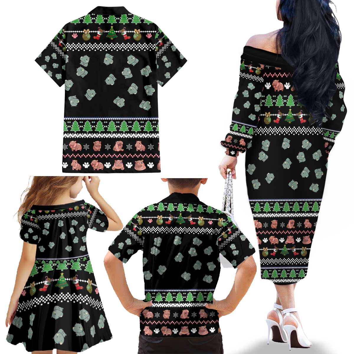 Christmas Become Ungovernable Moo Deng Family Matching Off The Shoulder Long Sleeve Dress and Hawaiian Shirt Humor Cute Baby Hippo Joke - Wonder Print Shop