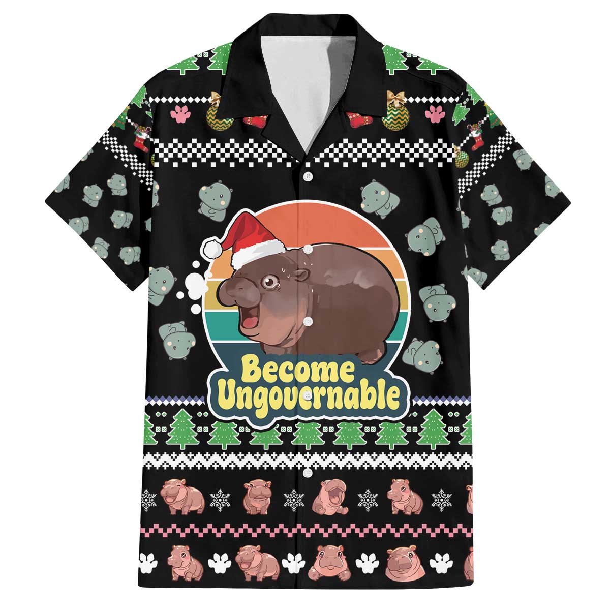 Christmas Become Ungovernable Moo Deng Family Matching Off The Shoulder Long Sleeve Dress and Hawaiian Shirt Humor Cute Baby Hippo Joke - Wonder Print Shop