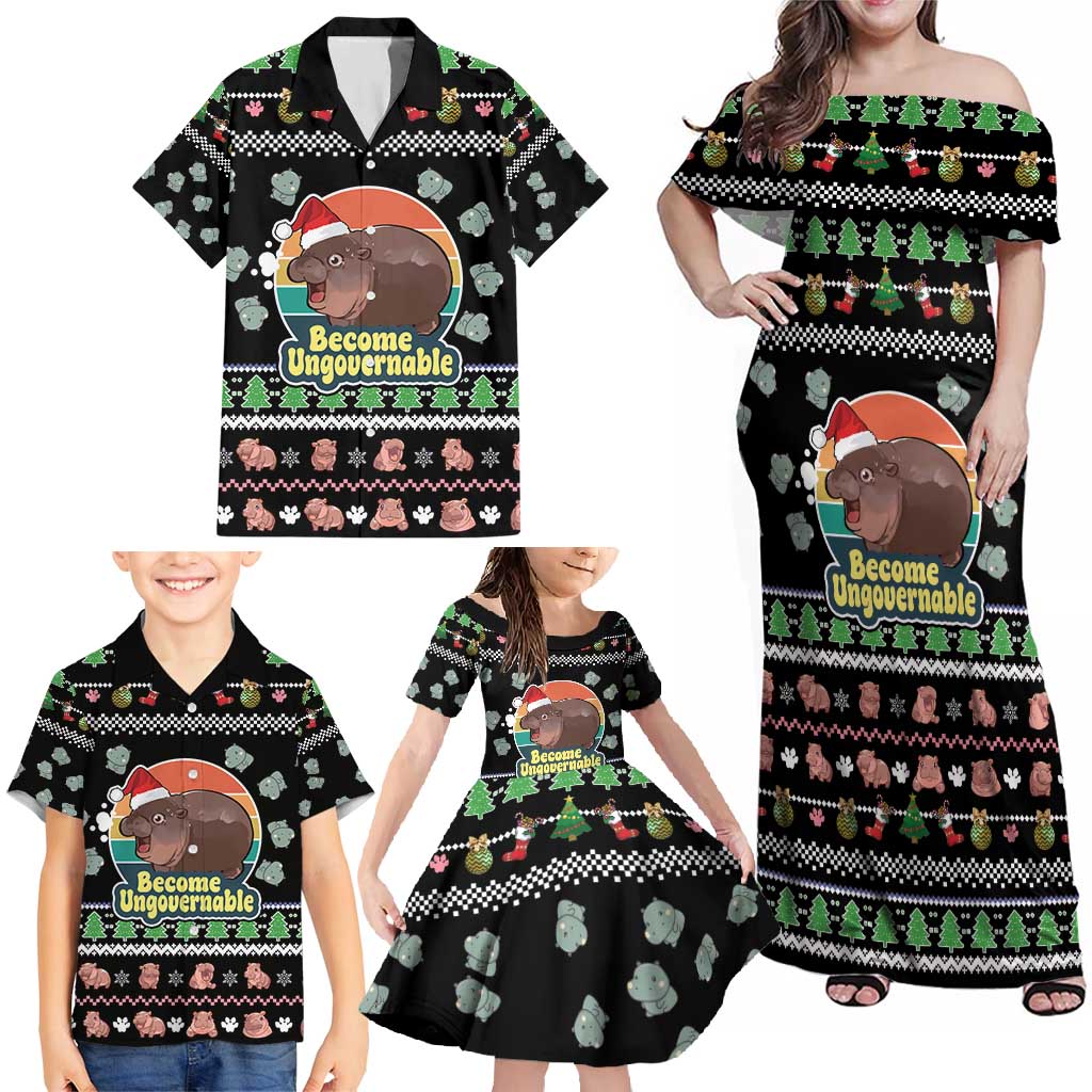 Christmas Become Ungovernable Moo Deng Family Matching Off Shoulder Maxi Dress and Hawaiian Shirt Humor Cute Baby Hippo Joke - Wonder Print Shop