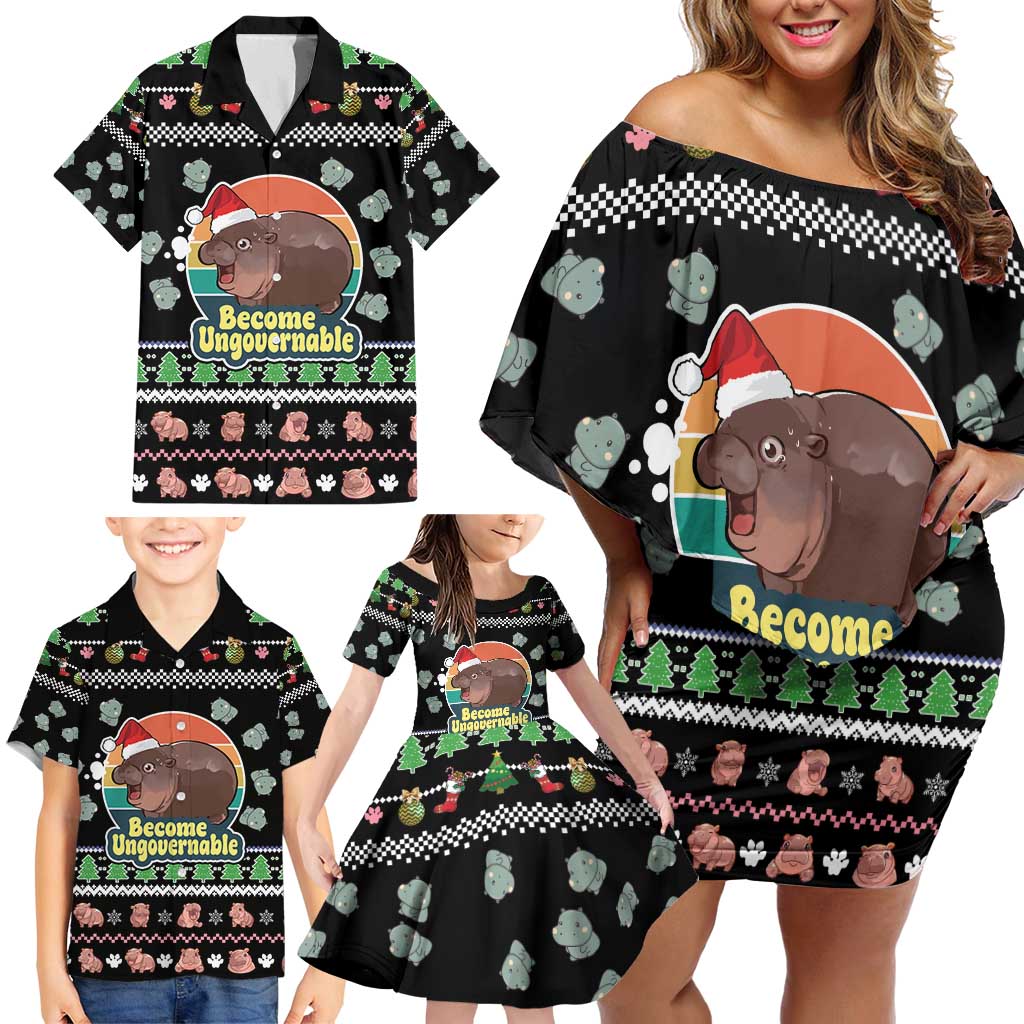 Christmas Become Ungovernable Moo Deng Family Matching Off Shoulder Short Dress and Hawaiian Shirt Humor Cute Baby Hippo Joke - Wonder Print Shop