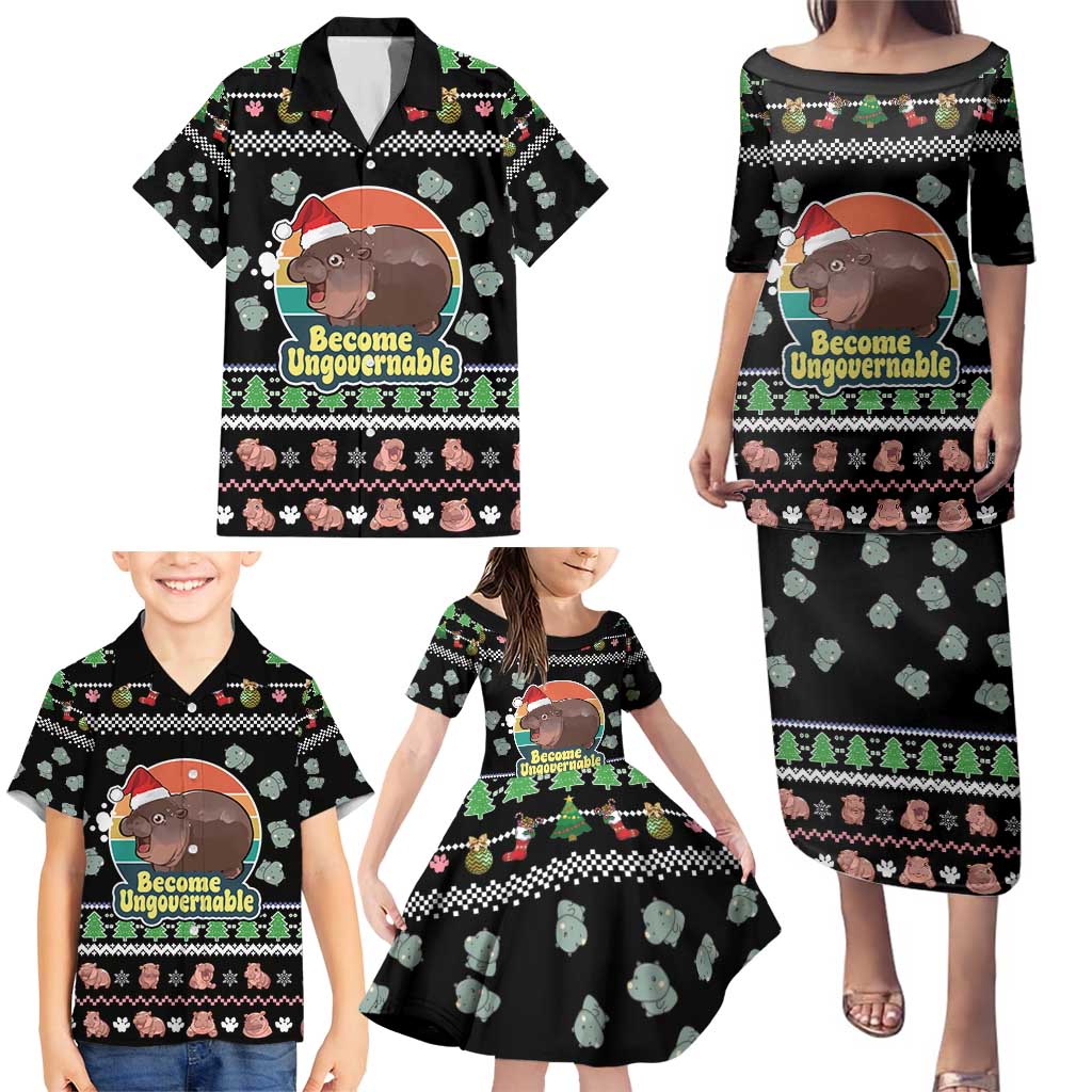 Christmas Become Ungovernable Moo Deng Family Matching Puletasi and Hawaiian Shirt Humor Cute Baby Hippo Joke - Wonder Print Shop