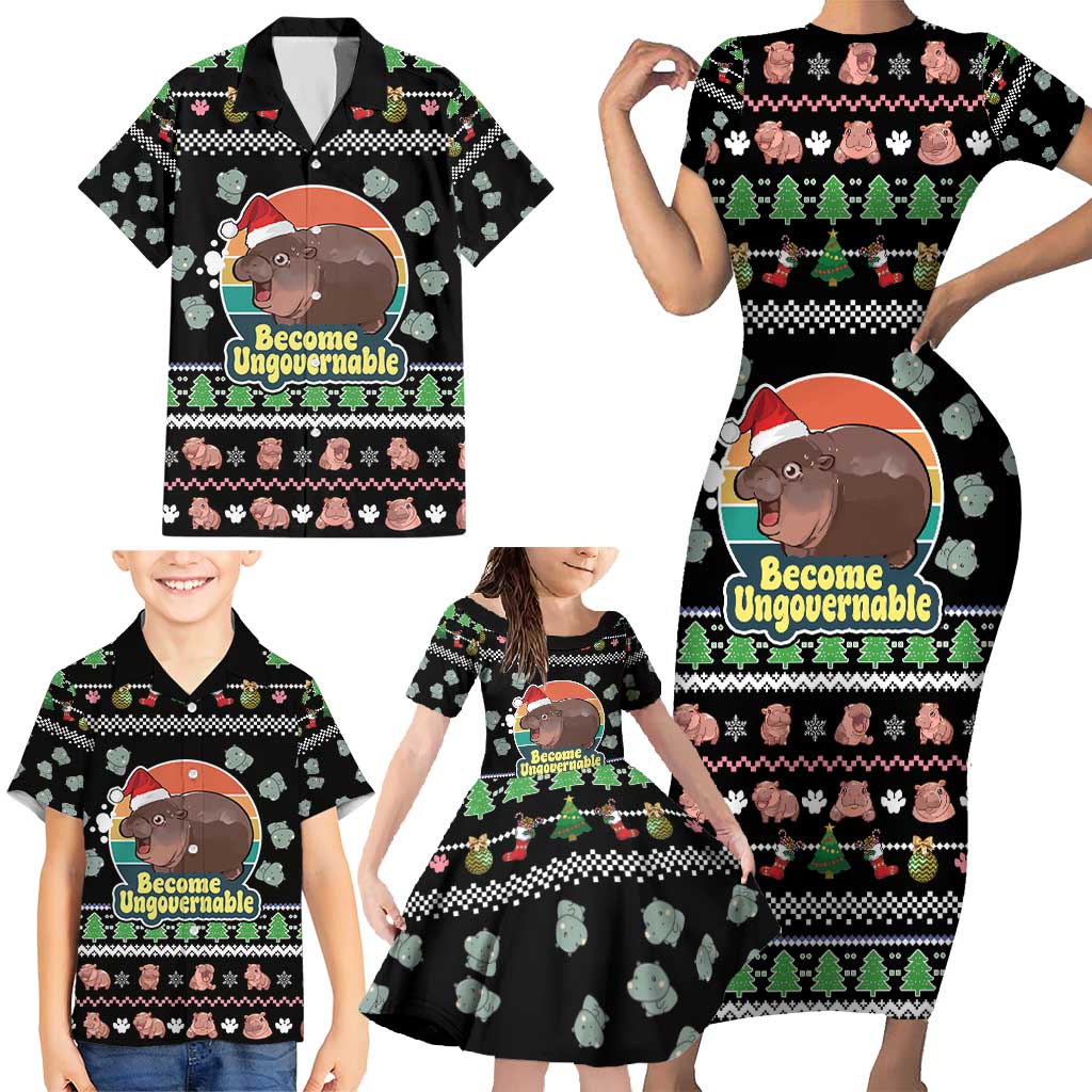 Christmas Become Ungovernable Moo Deng Family Matching Short Sleeve Bodycon Dress and Hawaiian Shirt Humor Cute Baby Hippo Joke - Wonder Print Shop