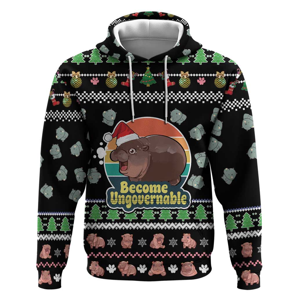 Christmas Become Ungovernable Moo Deng Hoodie Humor Cute Baby Hippo Joke - Wonder Print Shop
