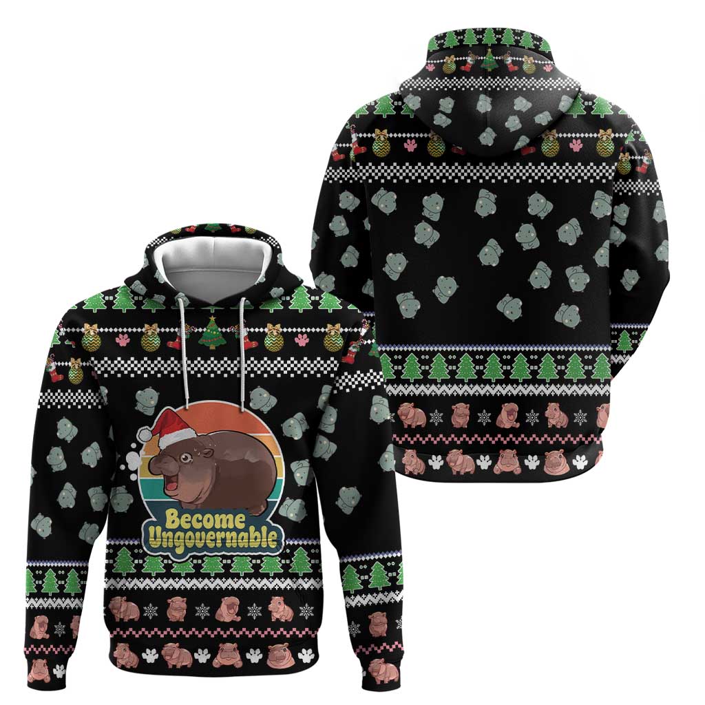 Christmas Become Ungovernable Moo Deng Hoodie Humor Cute Baby Hippo Joke - Wonder Print Shop