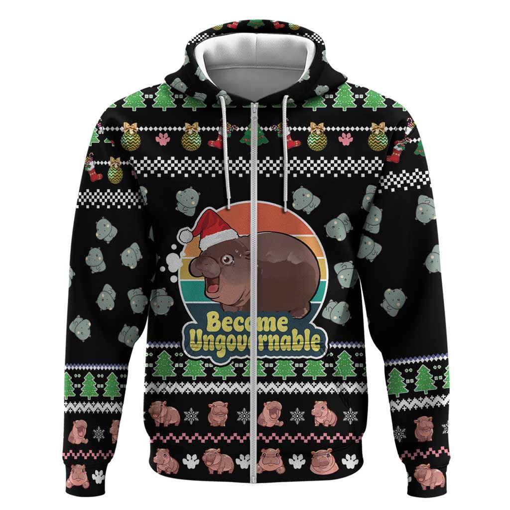 Christmas Become Ungovernable Moo Deng Hoodie Humor Cute Baby Hippo Joke - Wonder Print Shop