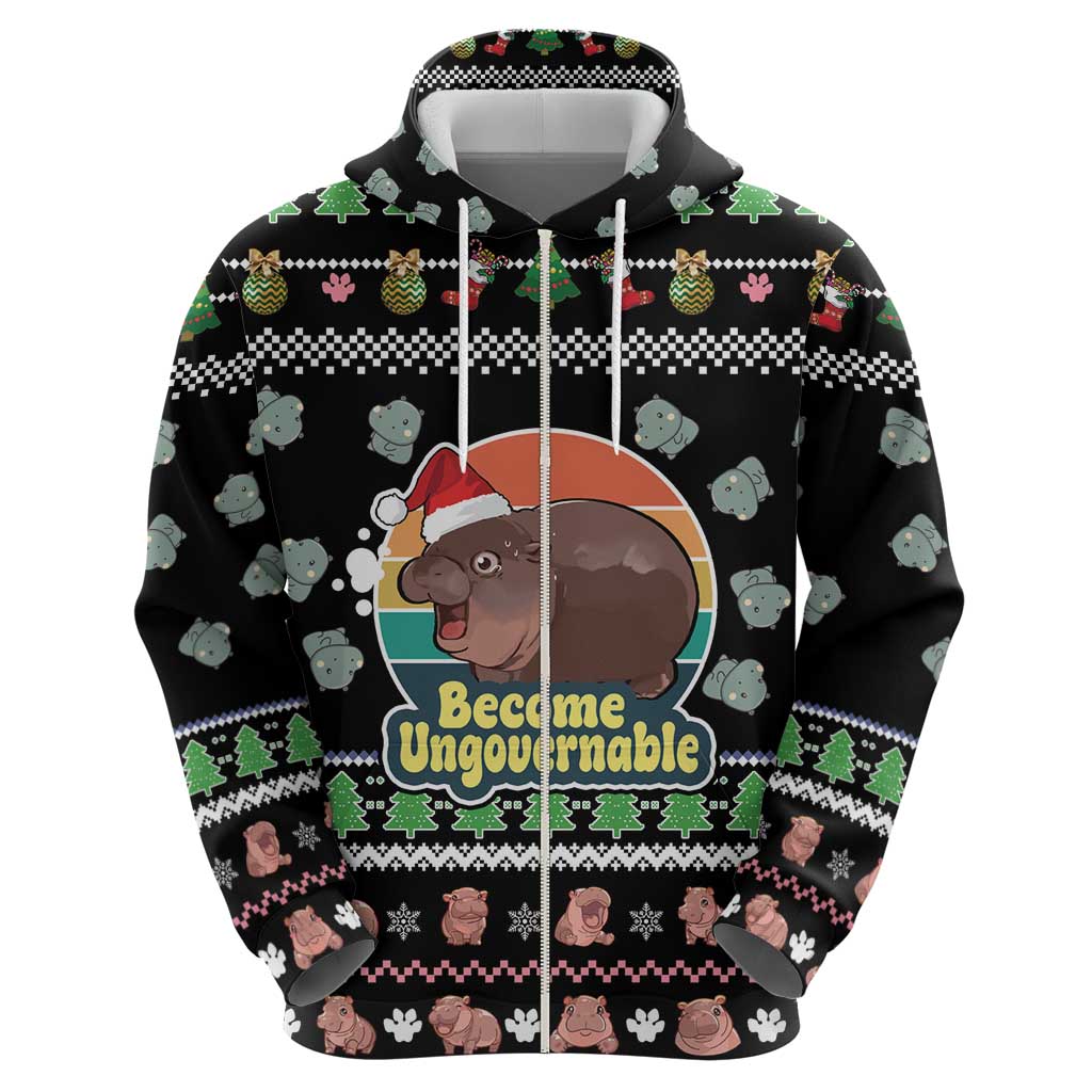 Christmas Become Ungovernable Moo Deng Hoodie Humor Cute Baby Hippo Joke - Wonder Print Shop